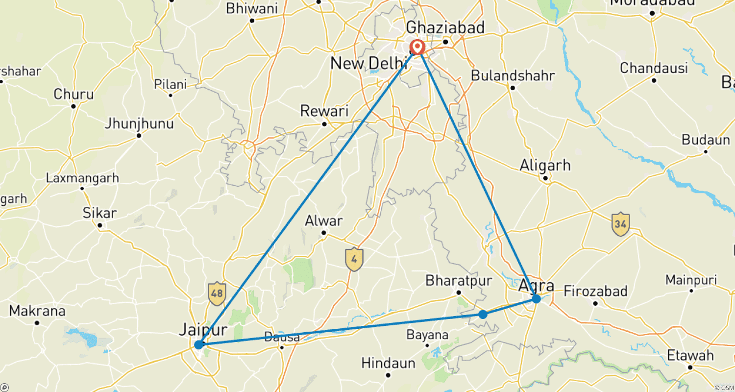 Mapa do percurso de 4 Nights / 5 Days Golden Triangle Tour