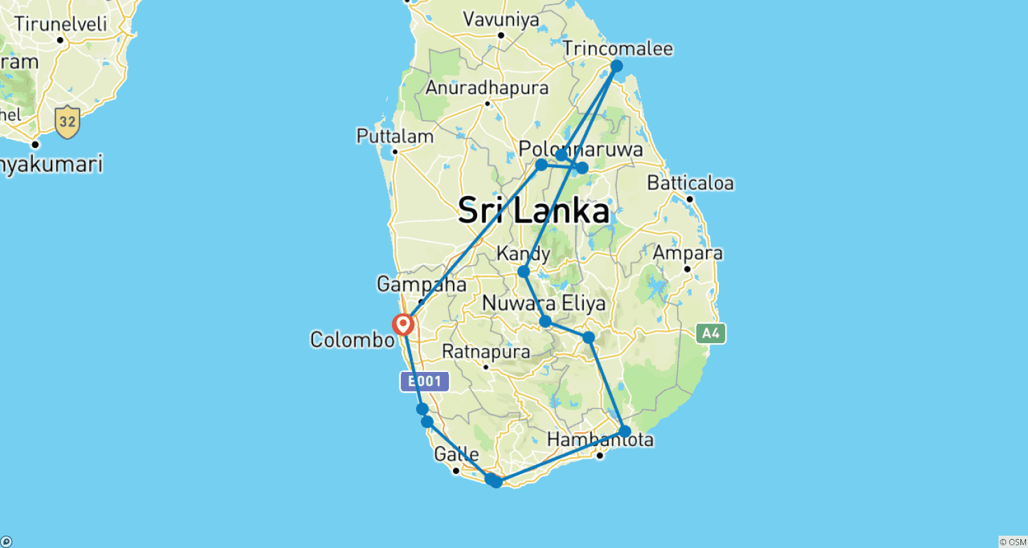 Mapa do percurso de Tour de férias de duas semanas no Sri Lanka com motorista particular, veículo e acomodações em regime de meia pensão