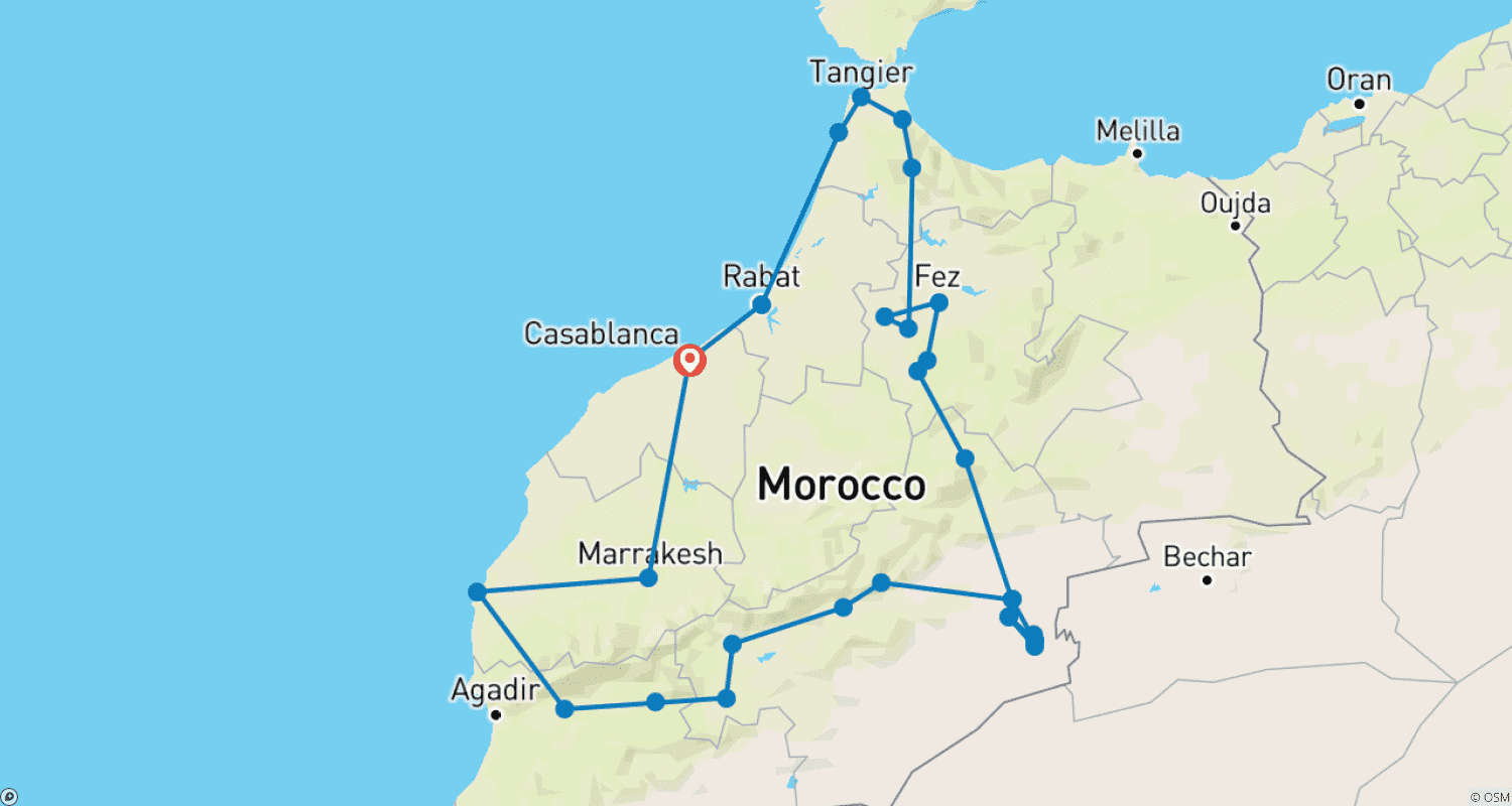 Mapa do percurso de Excursão de 15 Dias por Marrocos a Partir de Casablanca