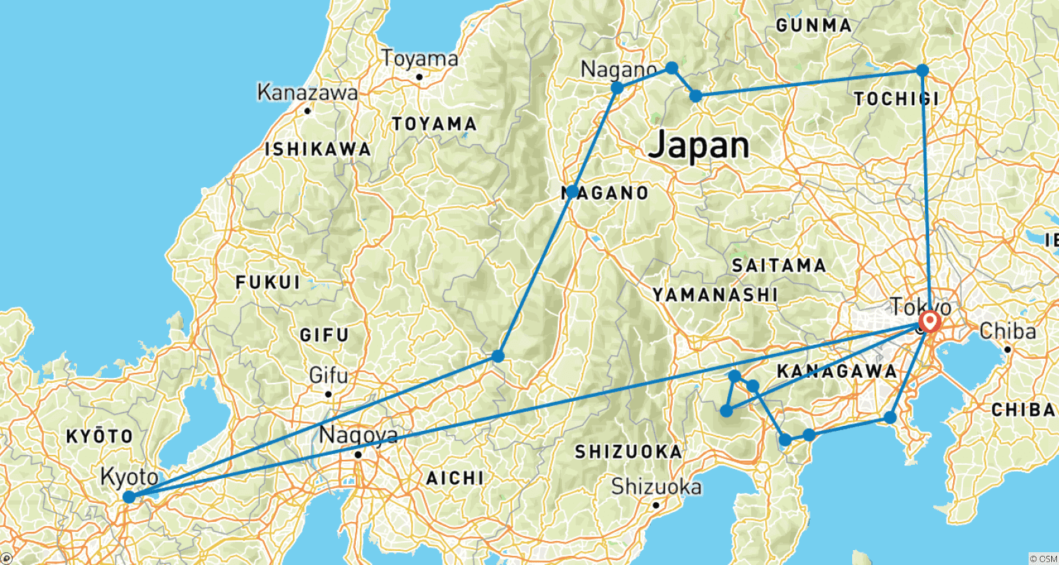 Mapa trasy: Tokio, Kioto, Alpy i Fuji