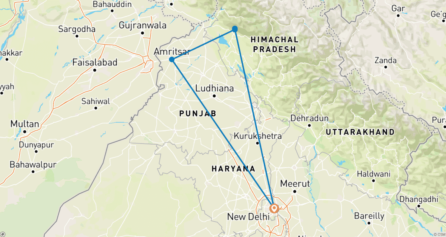 Mapa do percurso de De Delhi a Amritsar e a Mística Dharamsala