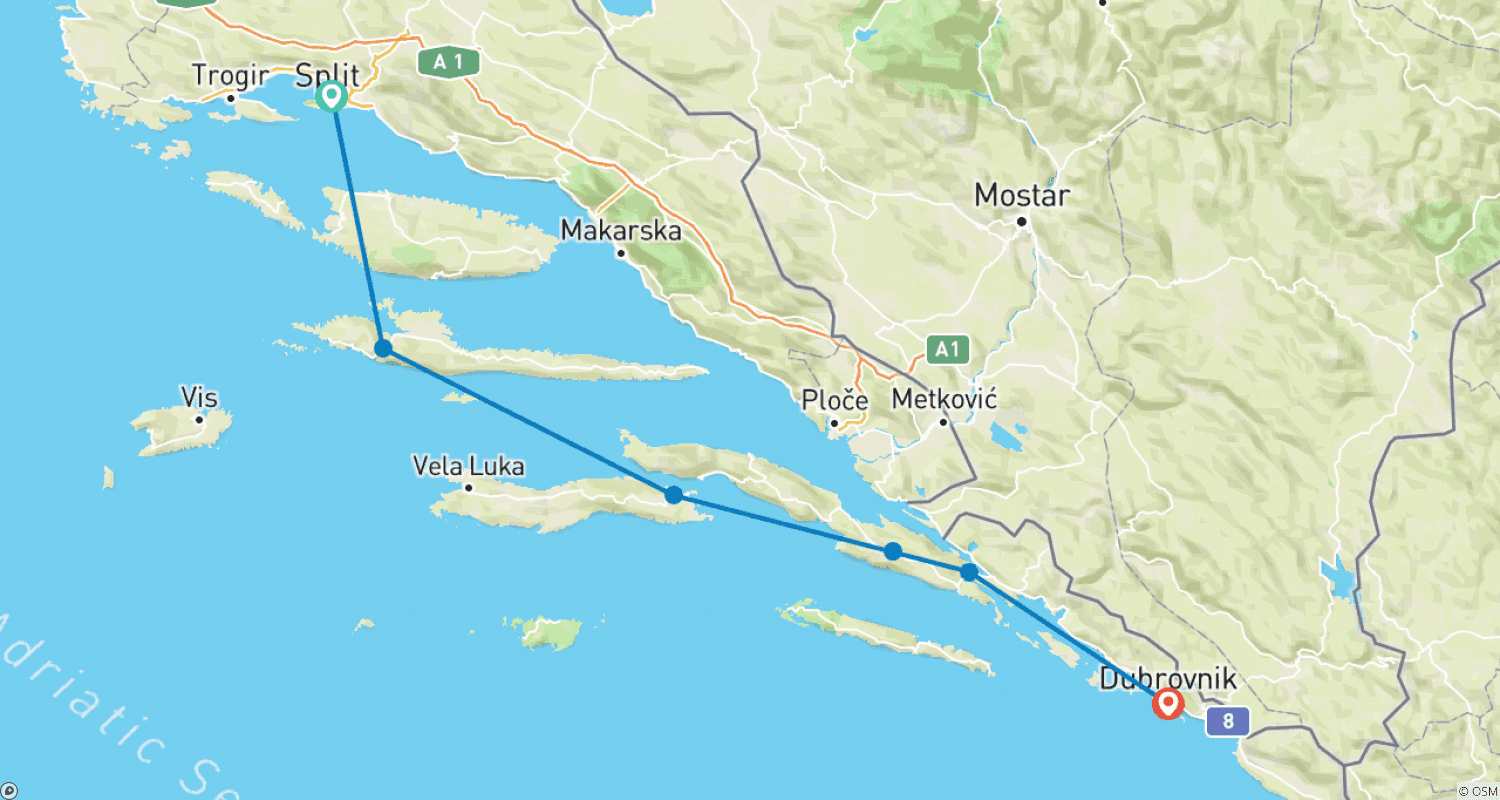 Mapa do percurso de Excursão Multiesportiva Familiar na Croácia - Costa da Dalmácia, com guia
