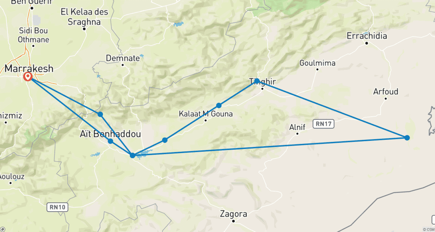Mapa do percurso de Viagem ao Deserto de Marraquexe a Merzouga em 5 Dias