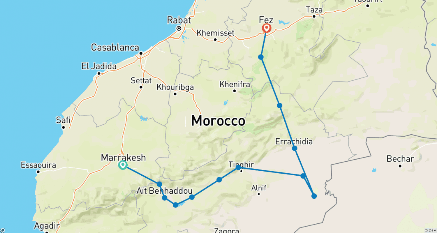 Mapa do percurso de 4 Dias de Marraquexe a Fez: Deserto do Saara