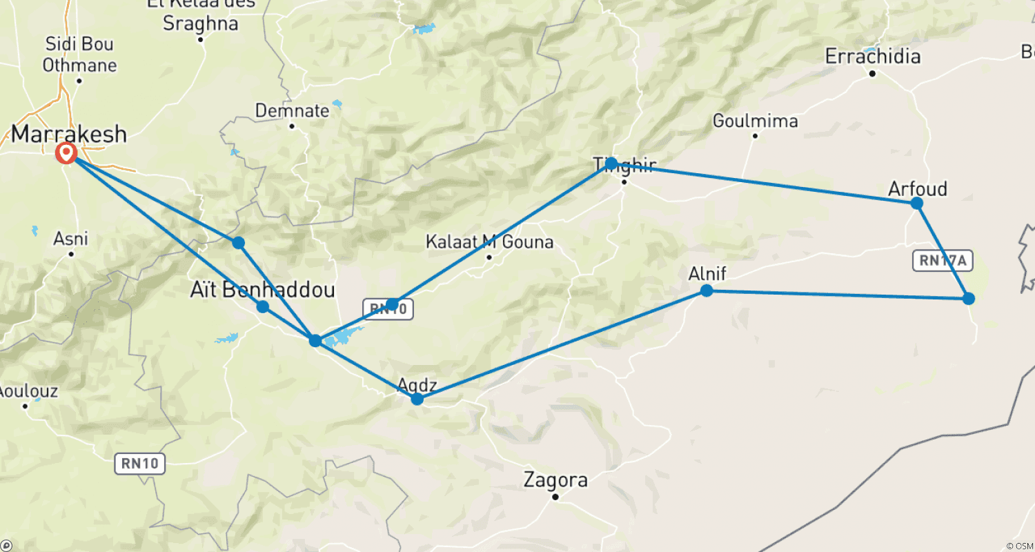 Mapa trasy: 4-dniowa wycieczka po pustyni Maroka z Marrakeszu