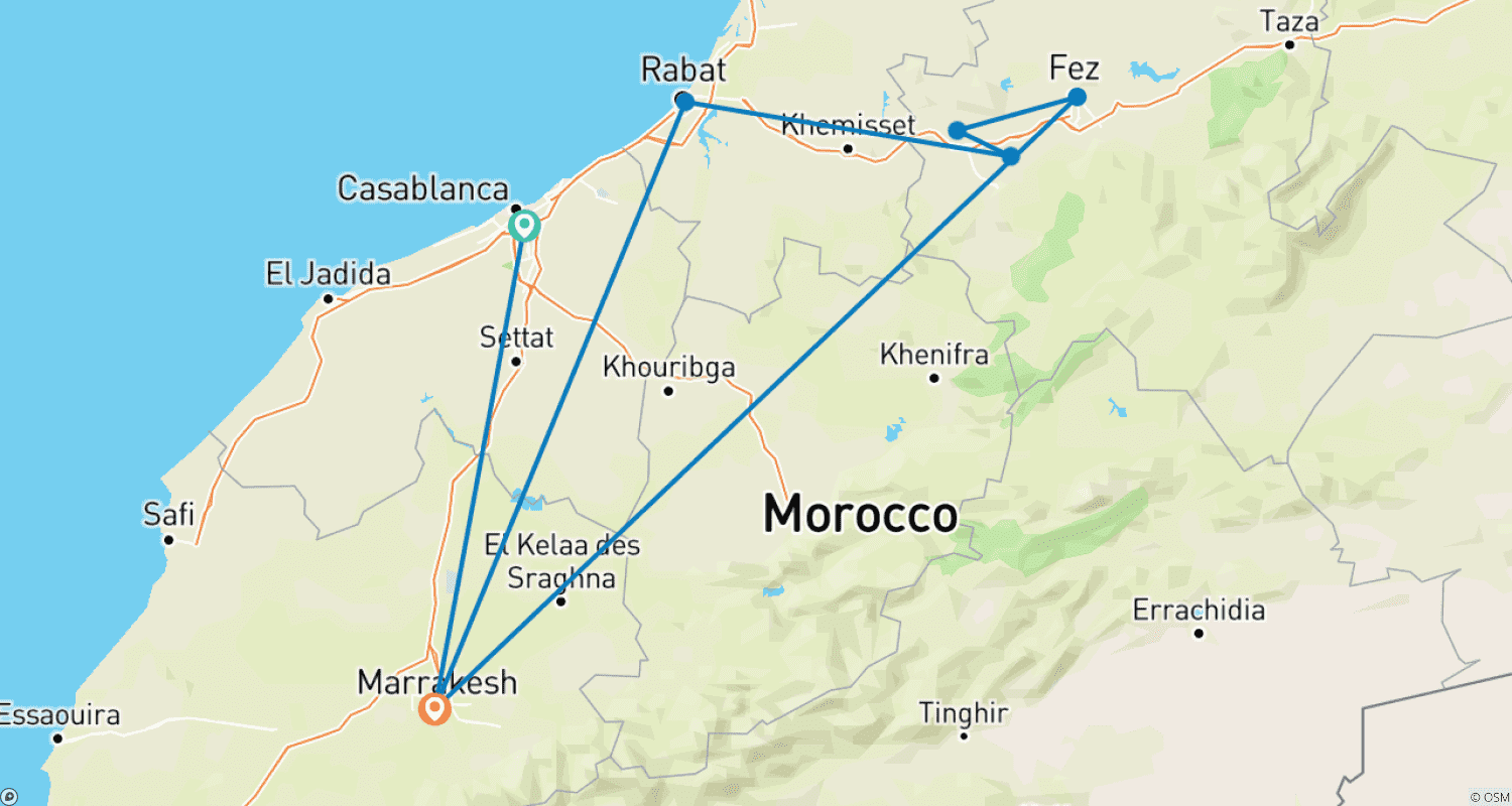 Mapa trasy: 4-dniowa wycieczka po Cesarskich Miastach Maroka