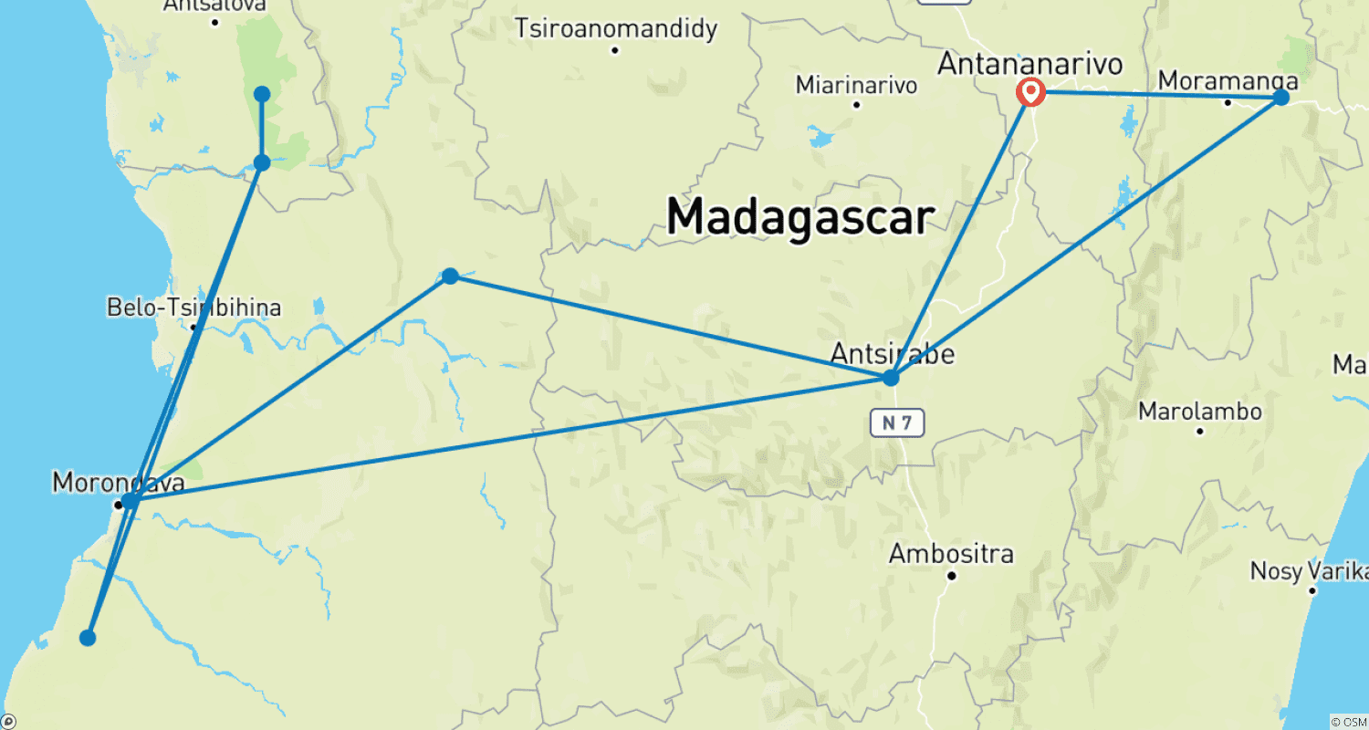 Mapa trasy: Odkryj to, co wyjątkowe na Madagaskarze – Lemury, Baobaby, Tsingy