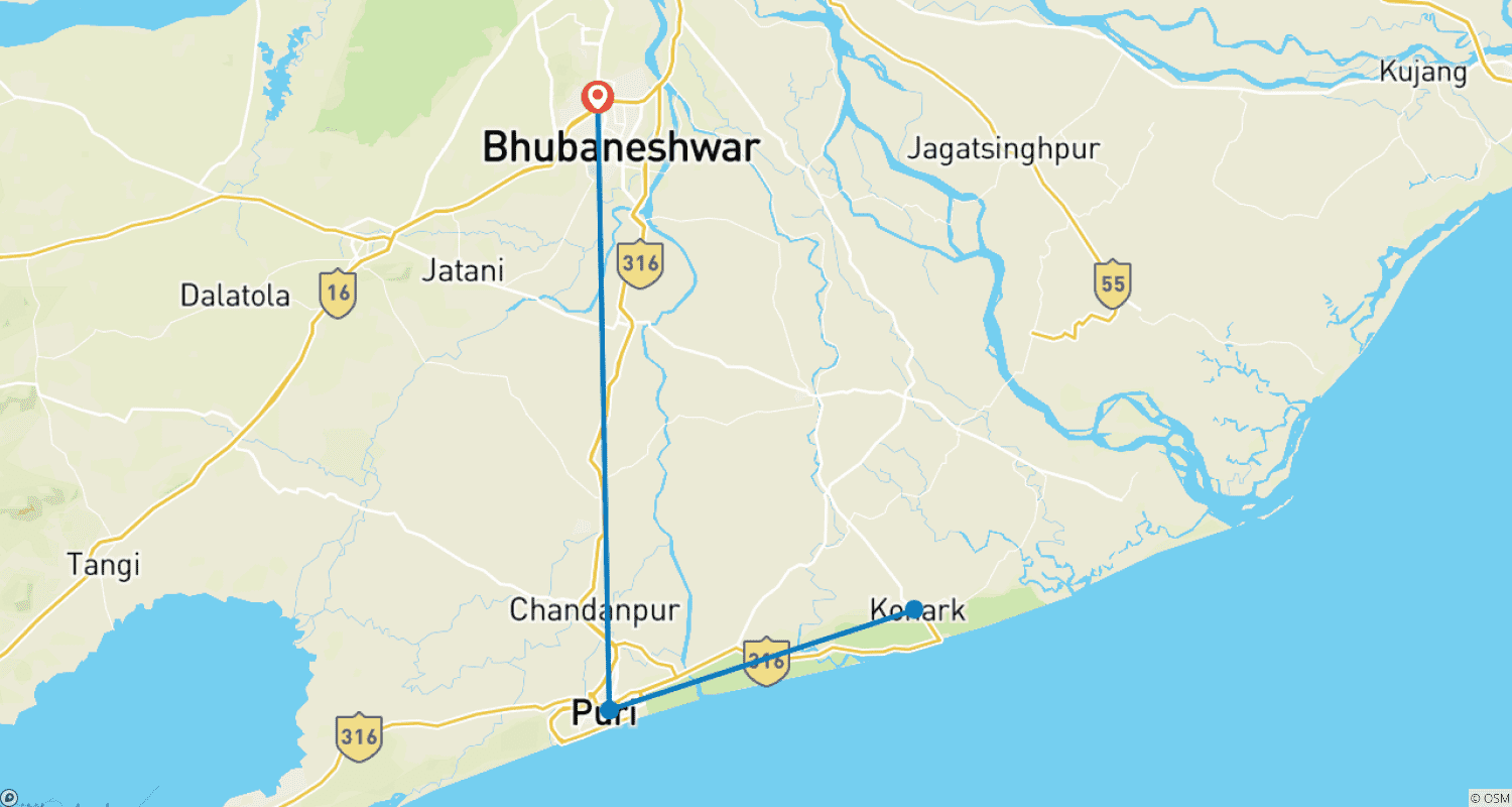 Mapa do percurso de Excursão Triângulo Bhubaneswar-Puri-Konark