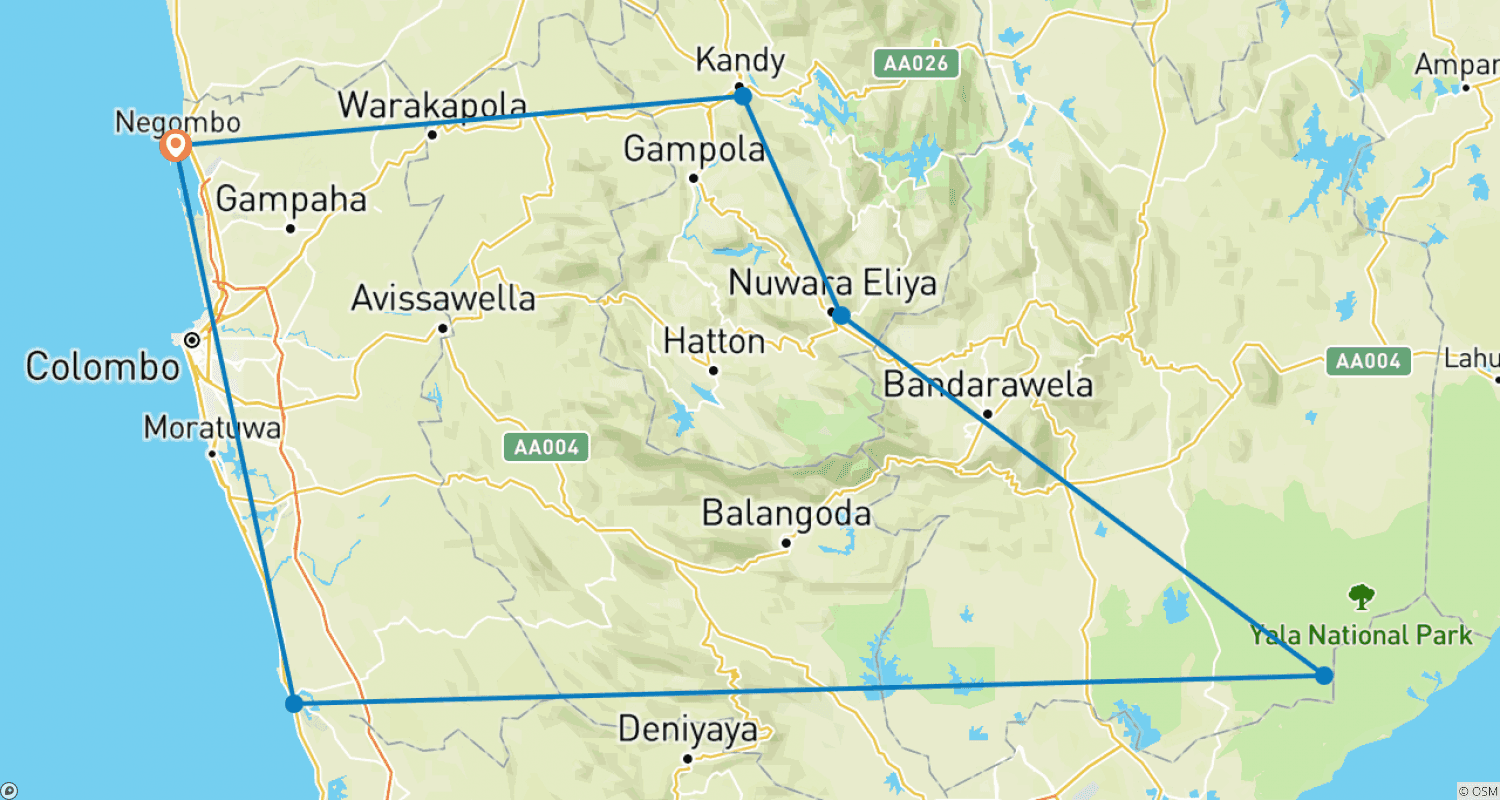 6 Days Sri Lankan Honeymoon Tourのルートマップ