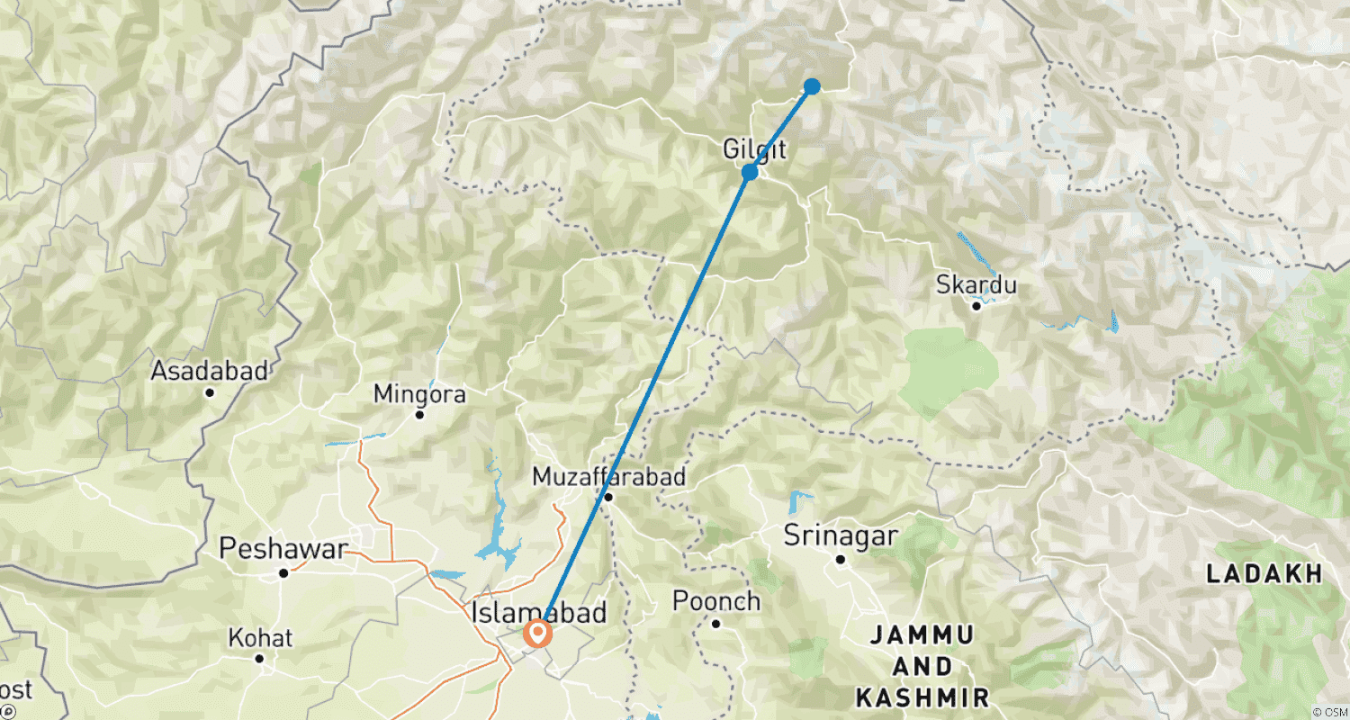 Mapa trasy: Wycieczka na kwitnienie do Hunzy, Pakistan 2026 i 2027