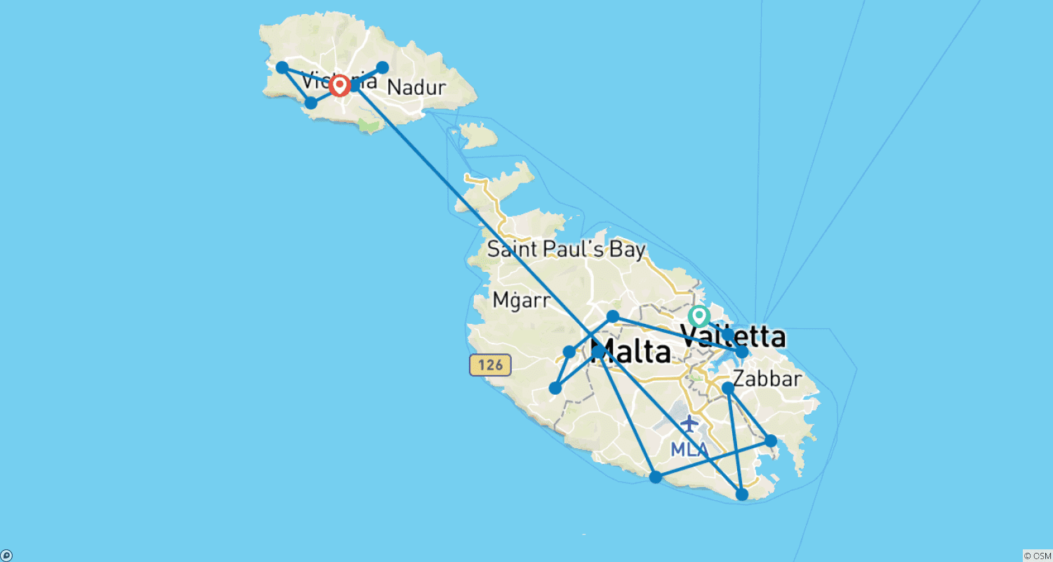 Mapa do percurso de Tour Familiar Personalizado de 6 Dias em Malta (Privado), Partida Diária e Hotel 4 Estrelas