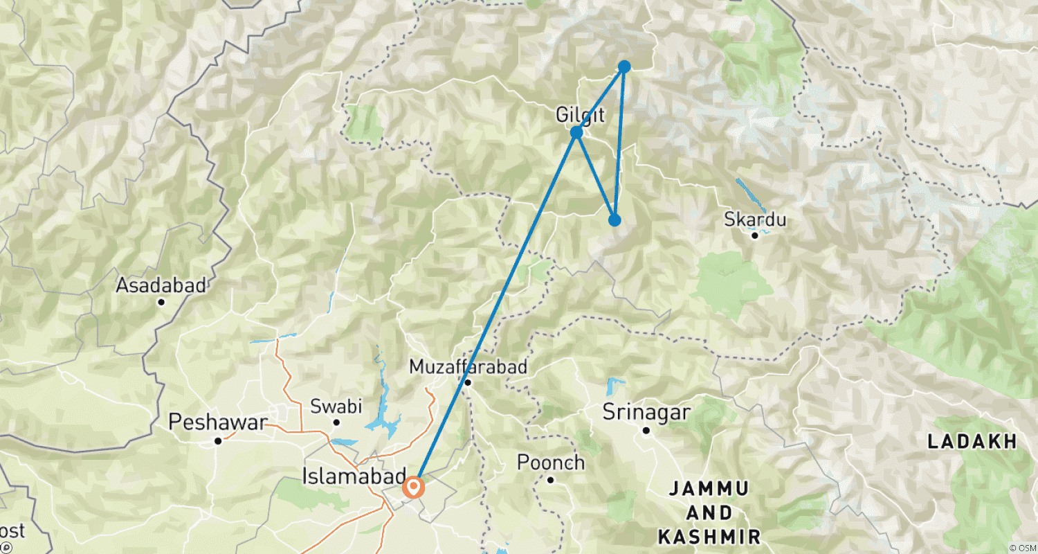 Mapa do percurso de Caminhada pelo Vale de Hunza e Acampamento Base de Nanga Parbat 2026 e 2027