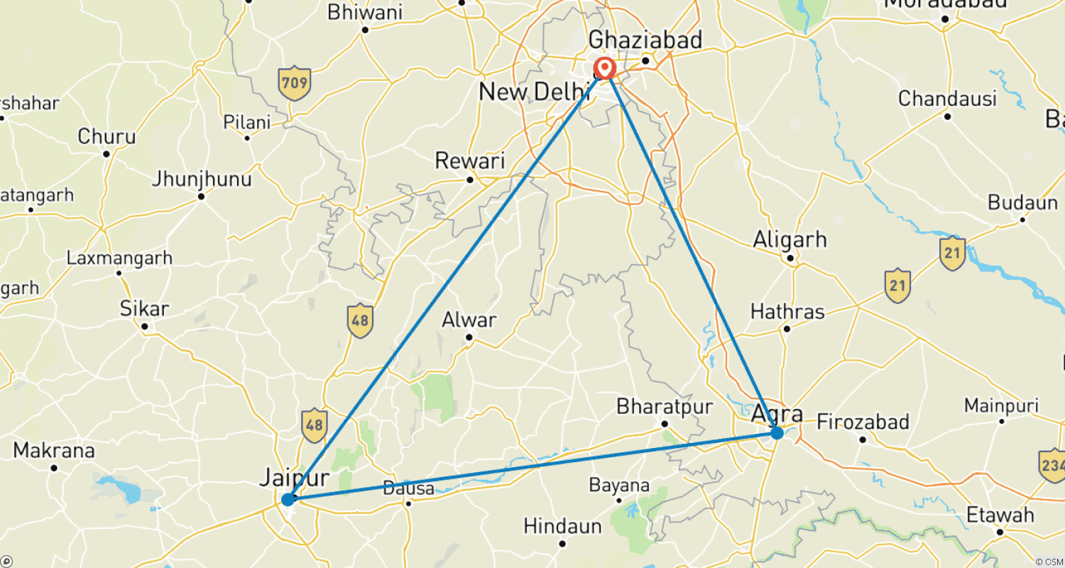 Mapa do percurso de Tour Privado de 3 Dias pelo Triângulo Dourado