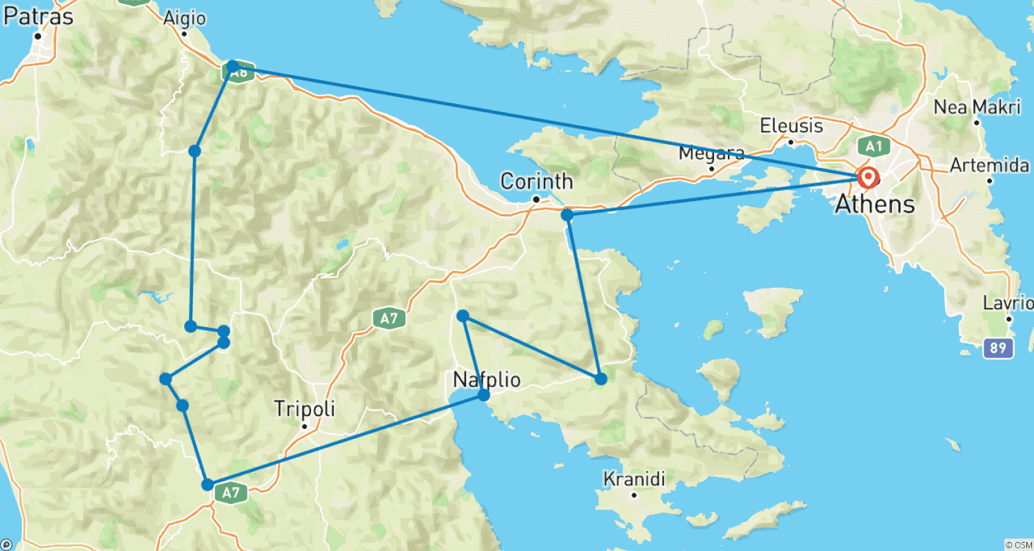 Mapa trasy: Klasyczny szlak Mainalon + szlak Parnon + Park Narodowy Chelmos-Vouraikos