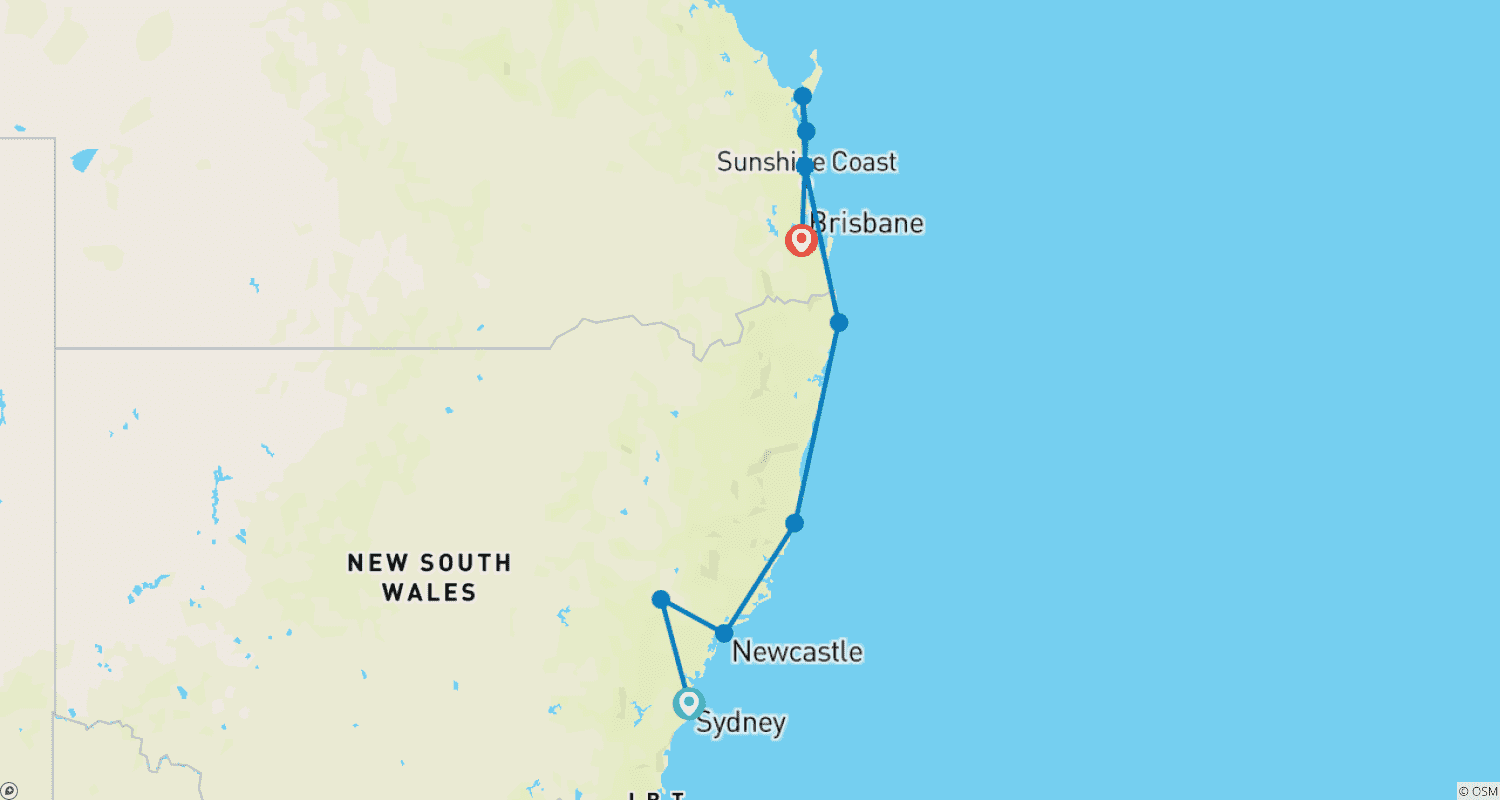 Mapa do percurso de De Sidney a Brisbane – Tour Boutique de 8 Dias