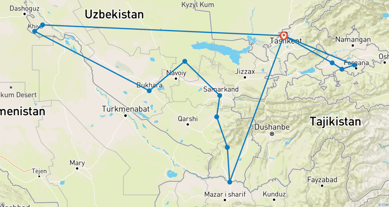 Mapa do percurso de A grande viagem de volta ao Uzbequistão