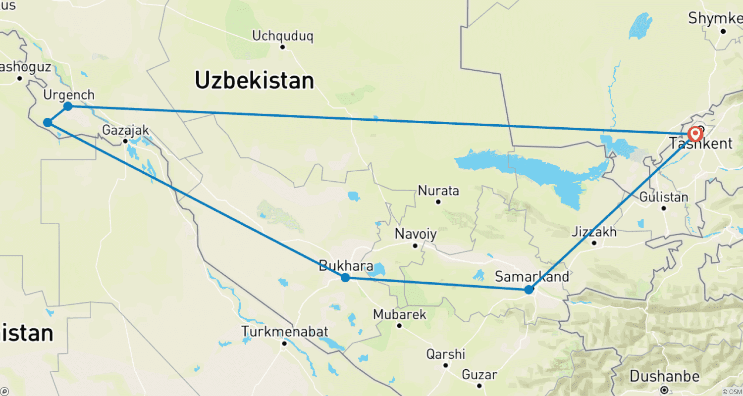 Mapa do percurso de Tour Clássico do Uzbequistão (Tashkent, Khiva, Bukhara e Samarcanda)