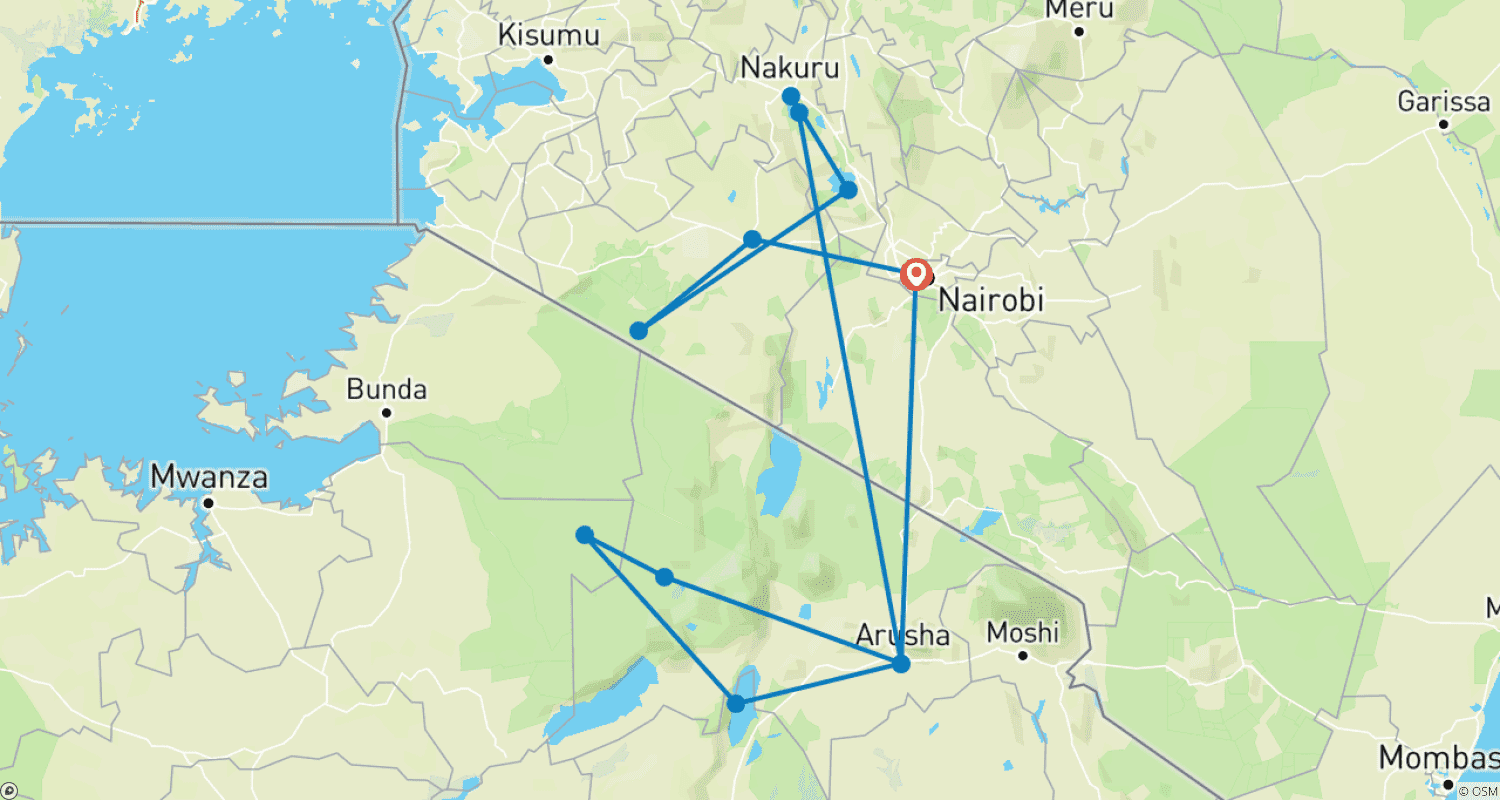 Mapa do percurso de Explore Quênia e Tanzânia em 8 Dias