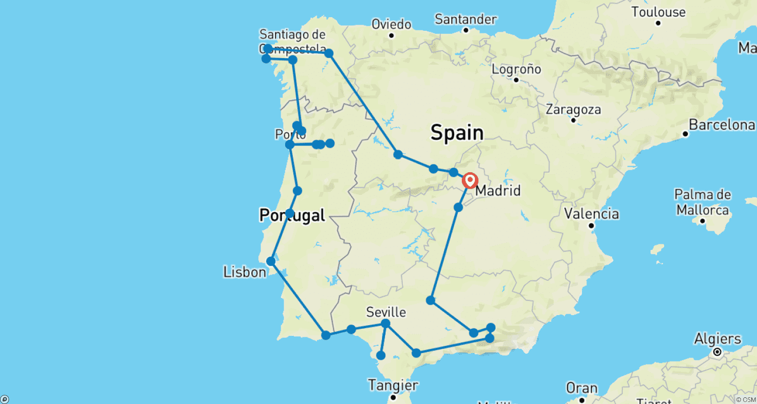 Mapa do percurso de Excursão de 13 Dias por Espanha e Portugal para Pequenos Grupos, com Partida de Madrid