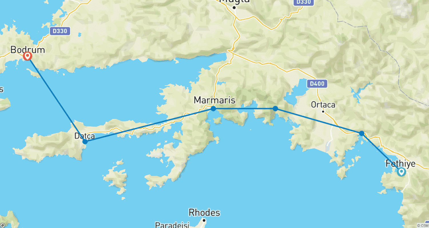 Mapa do percurso de Cruzeiro de 7 dias de Fethiye a Bodrum