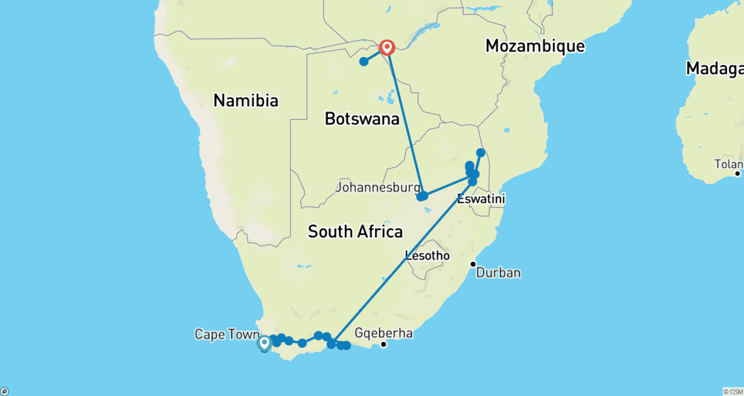 Mapa do percurso de Excursão de 15 Dias com Destaques de Cidades e Safári na África Austral (incluindo voos de conexão)