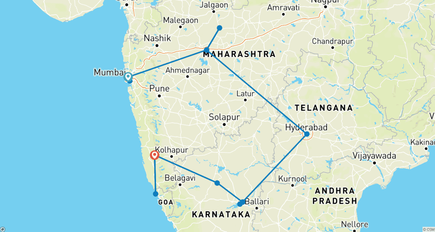 Mapa do percurso de Maravilha Arquitetônica da Índia com Praia de Goa