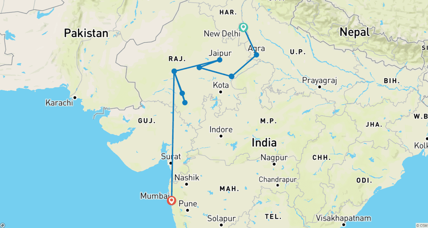 魅惑の北インドツアーのルートマップ