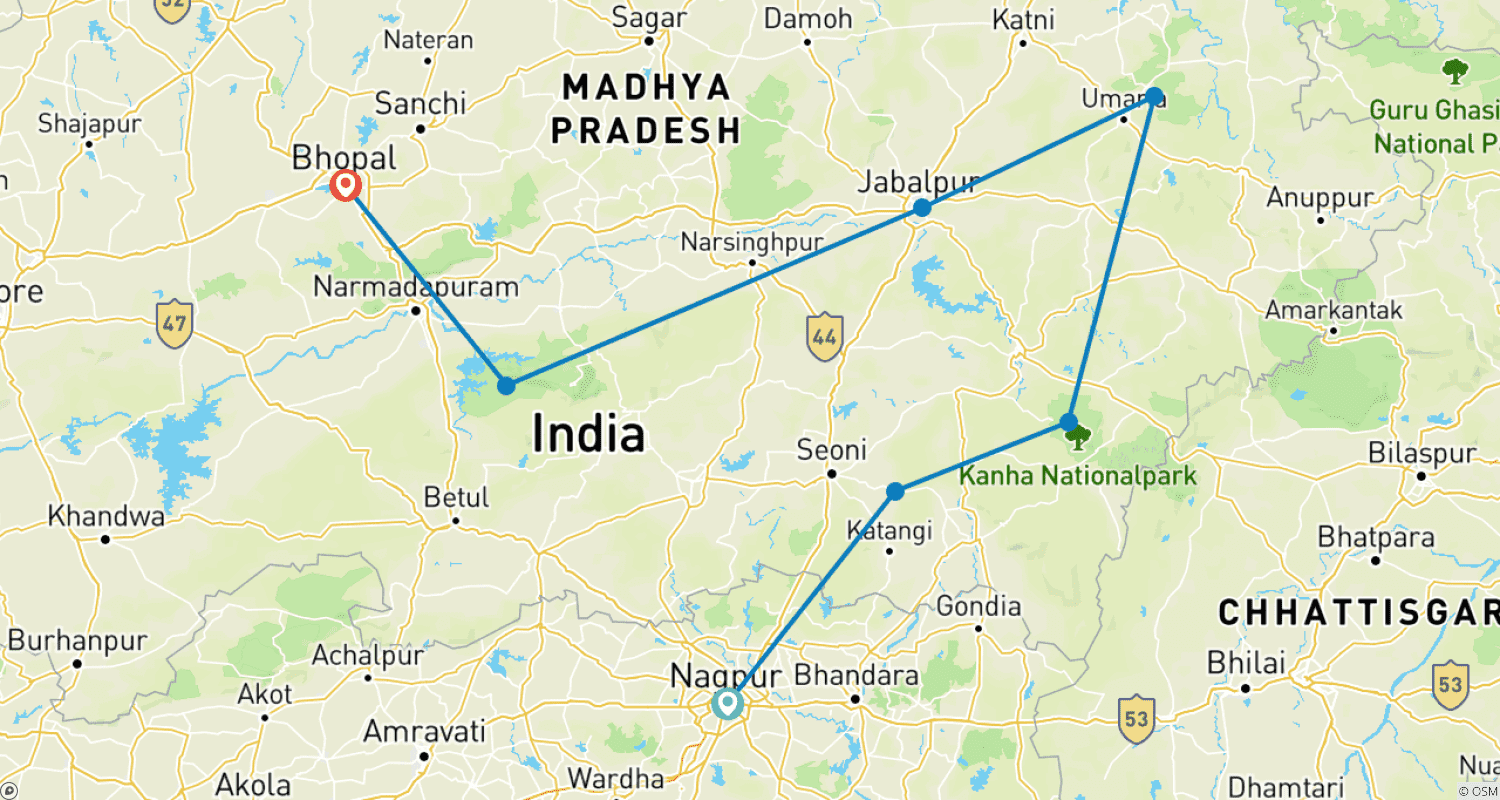 Mapa do percurso de 13 Dias de Viagem aos Tesouros da Vida Selvagem da Exótica Índia (TUDO INCLUÍDO)