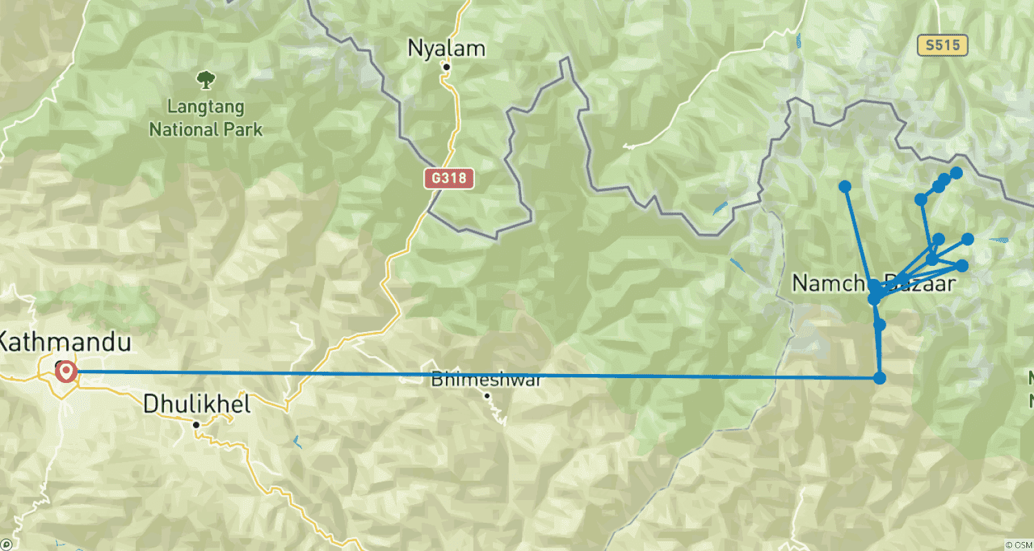 Mapa do percurso de Caminhada ao Acampamento Base do Everest – 14 Dias | Aventura Guiada em Pequeno Grupo