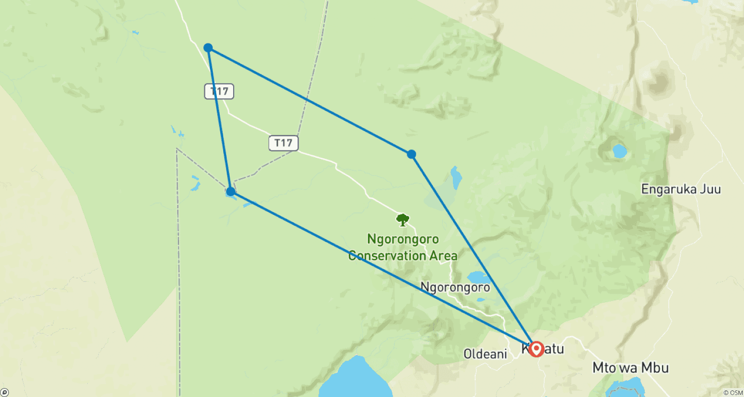 Mapa do percurso de Safári de 8 Dias na Tanzânia - Grande Migração (Dezembro-Abril)