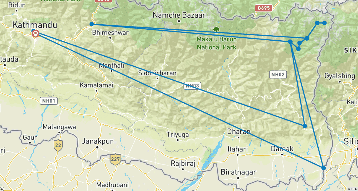 Mapa trasy: Trekking po Kanchenjunga Circuit 20 dni