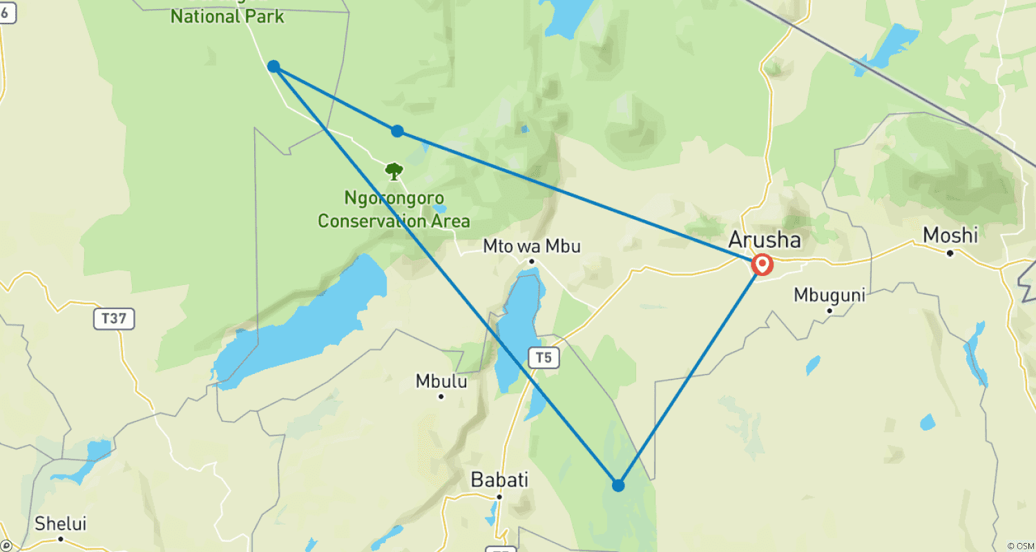 Mapa trasy: 4-dniowe safari Tarangire, Serengeti i Ngorongoro