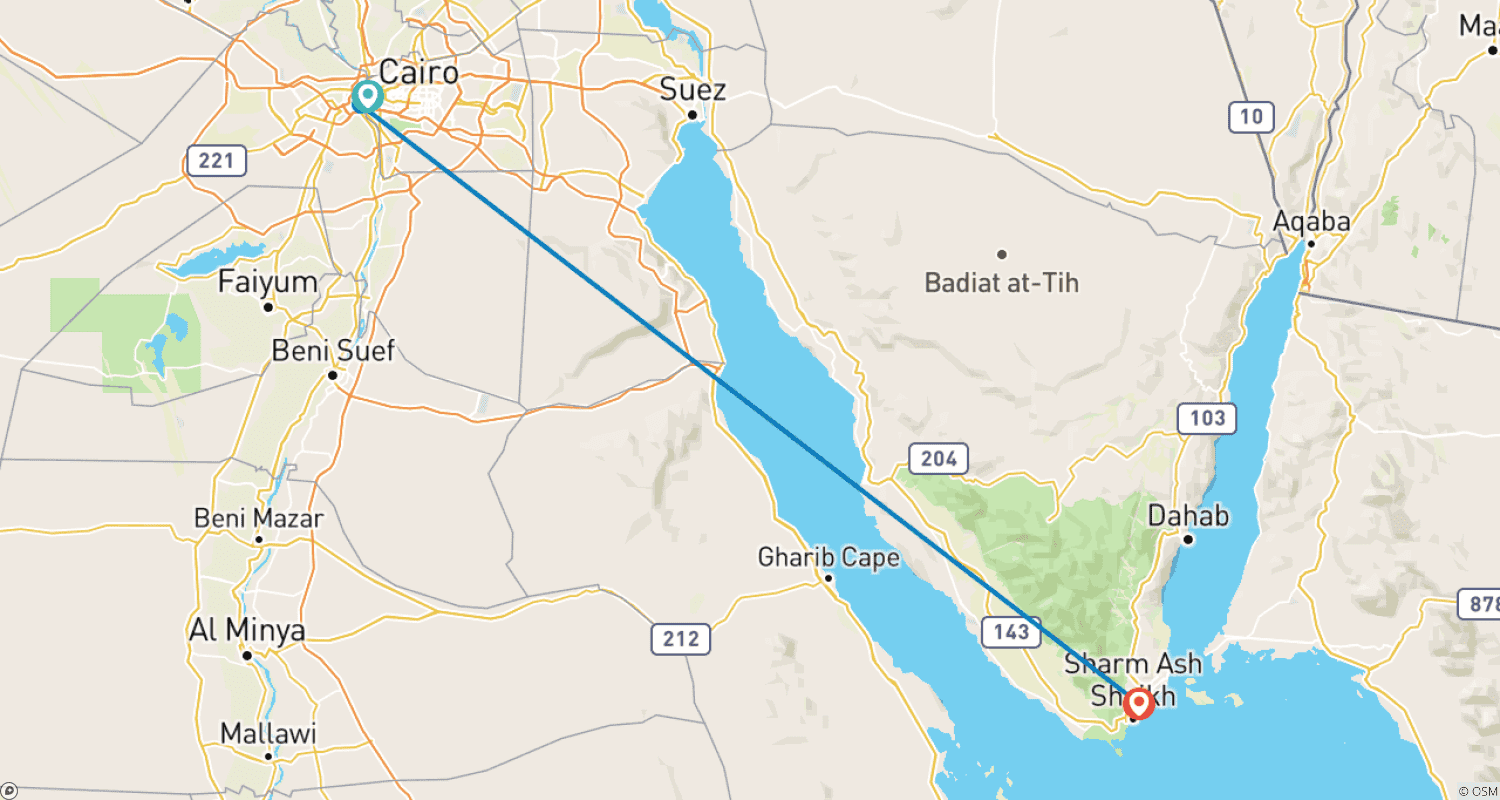 Mapa do percurso de Viagem a Sharm El-Sheikh, Gizé e Cairo: "Praia e Monumentos"