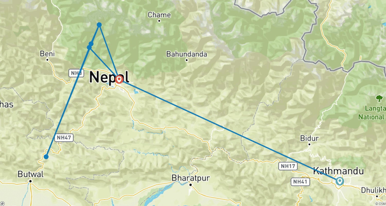 Mapa trasy: Annapurna Base Camp Trek 8 Days