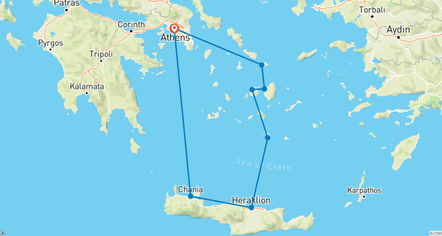 15-Day Best of the Cyclades: Mykonos, Paros, Naxos, Santorini & Creteのルートマップ