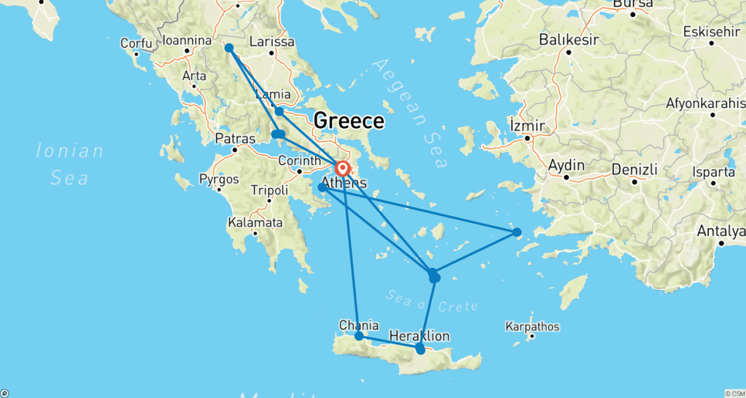خريطة مسار Athens, Delphi, Meteora, Santorini & Crete: 12 Day Private Tour