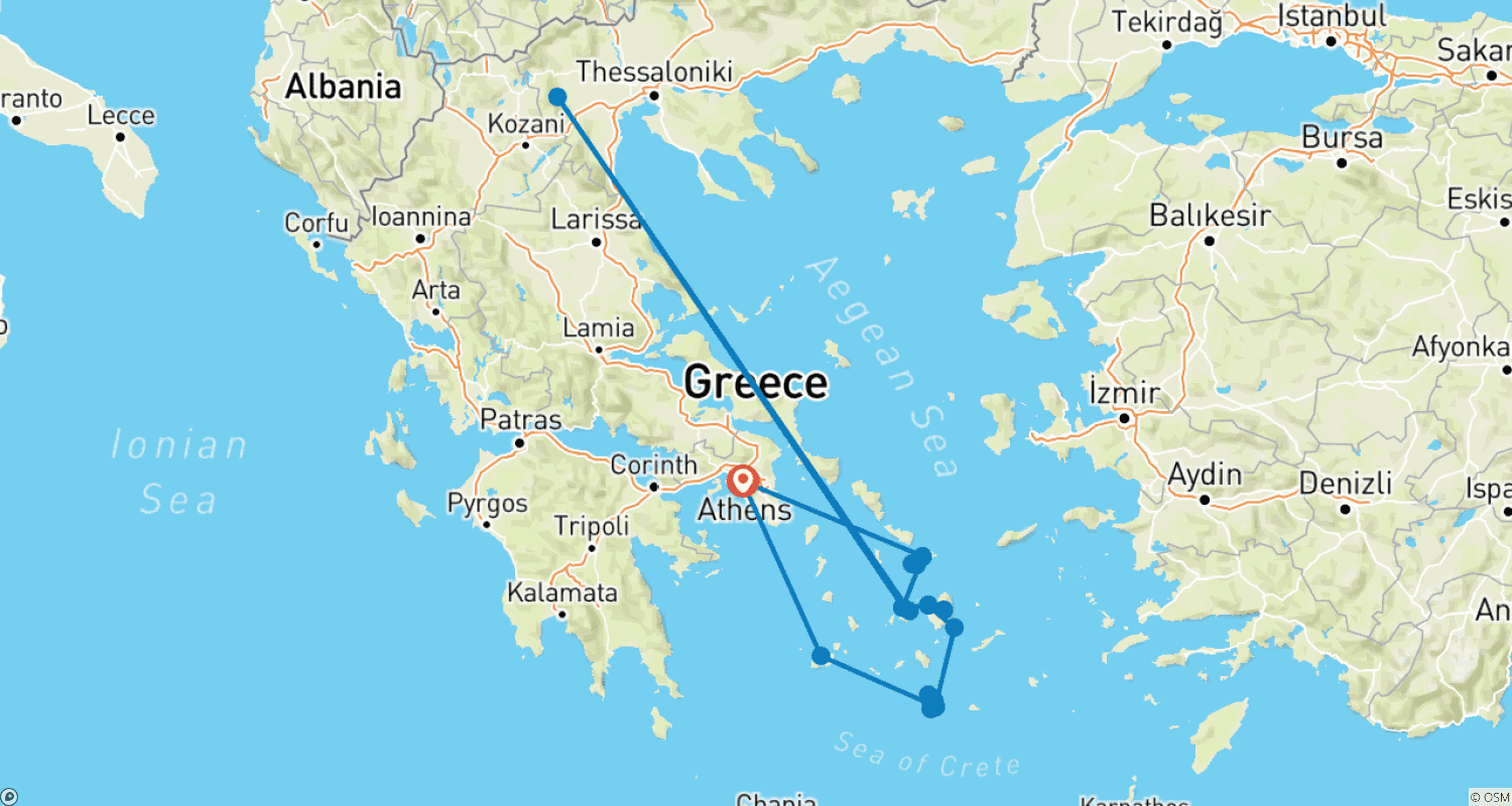 Mapa do percurso de 16-Day Island Hopping Tour: Milos, Santorini, Koufonisia, Naxos, Paros, Mykonos