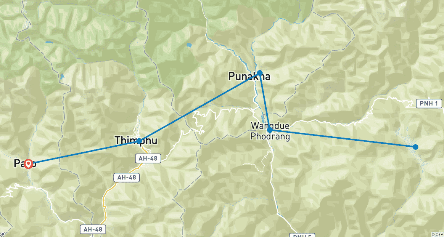 ブータン幸福の旅のルートマップ