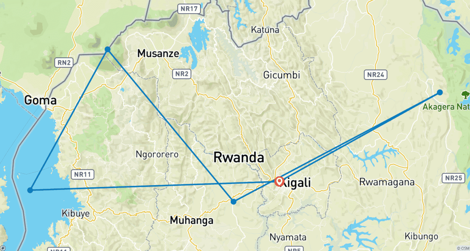 Mapa trasy: Odkryj Rwandę: Trekking z Gorylami, Wielka Piątka, Wielkie Koty i Wycieczka nad Jezioro Kivu (Wyłącznie Prywatna)