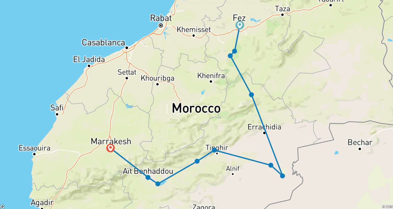 Mapa do percurso de Excursão de 3 Dias e 2 Noites Pelo Deserto do Saara de Fez a Marraquexe.