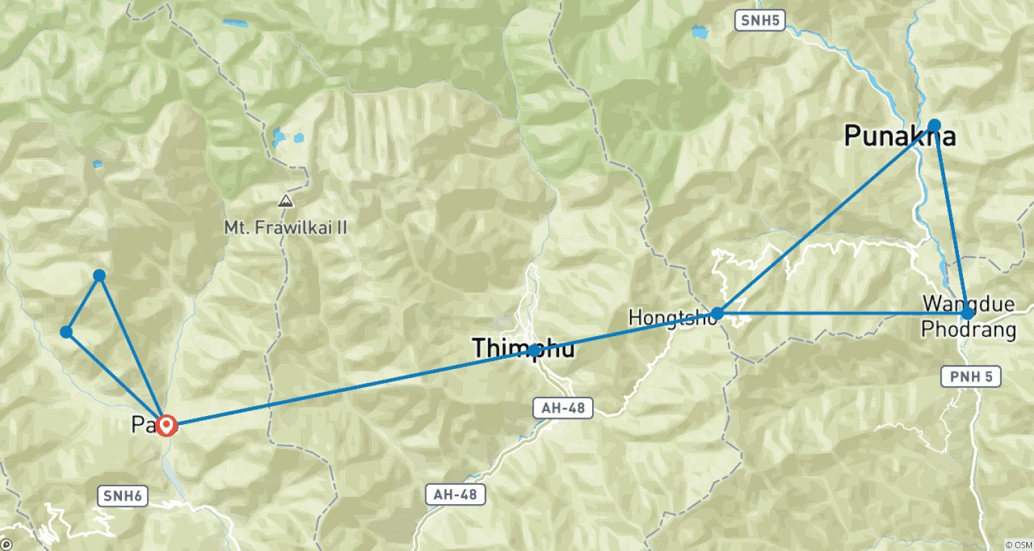 Mapa do percurso de Aventura no Butão com a Caminhada Bumdra