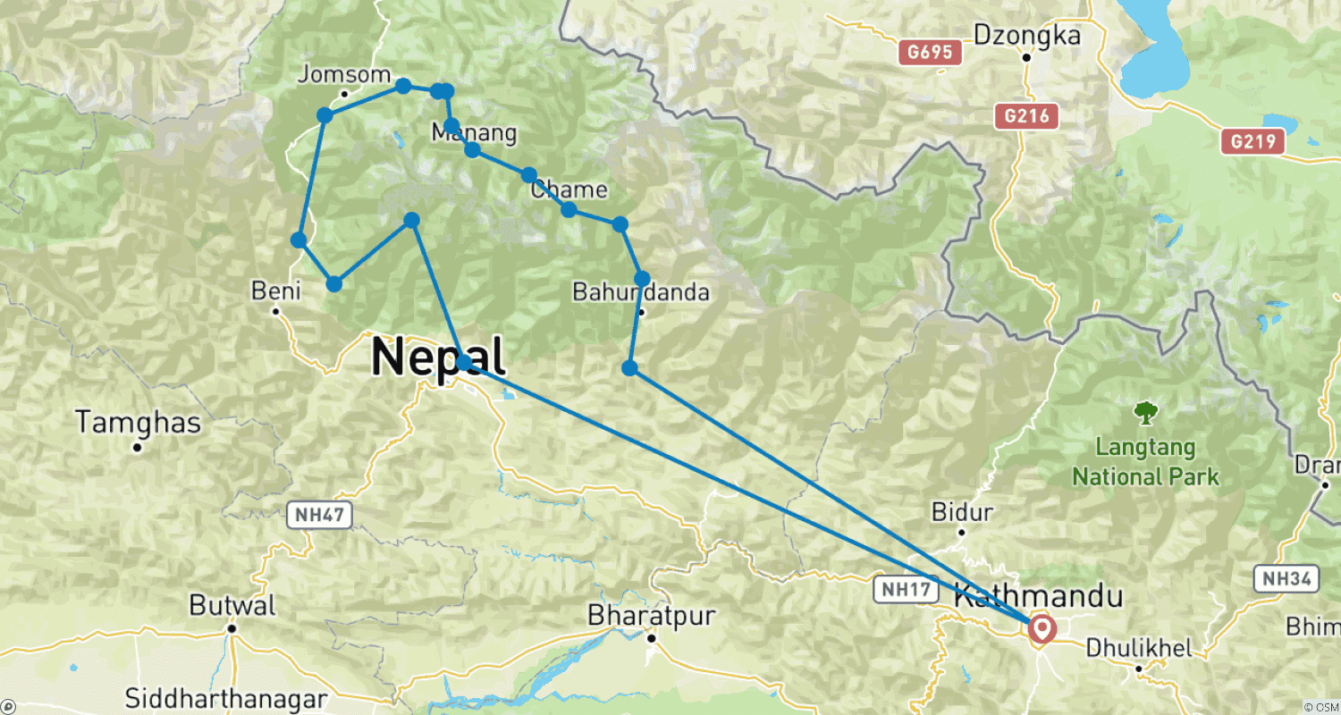 Mapa do percurso de Annapurna Circuit Trek 18 Dias