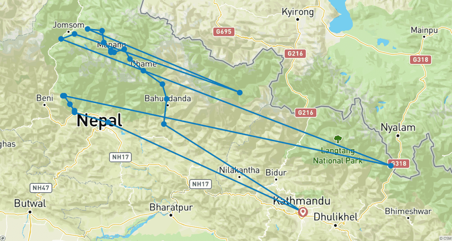 Annapurna Circuit Trek 20 Daysのルートマップ