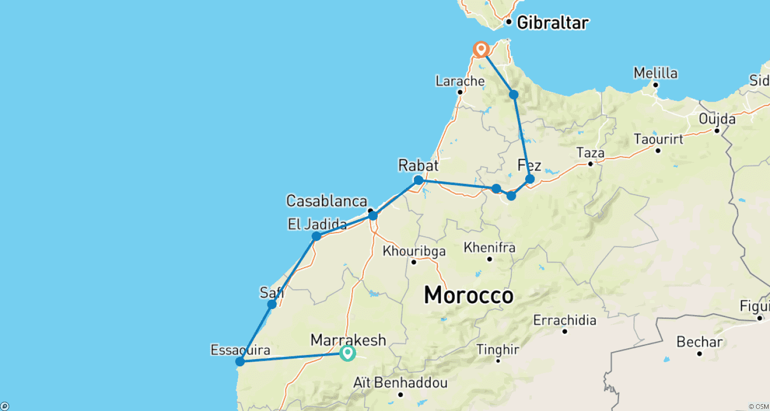 Mapa do percurso de Tour Privado: De Marraquexe a Tânger, descoberta de Marrocos
