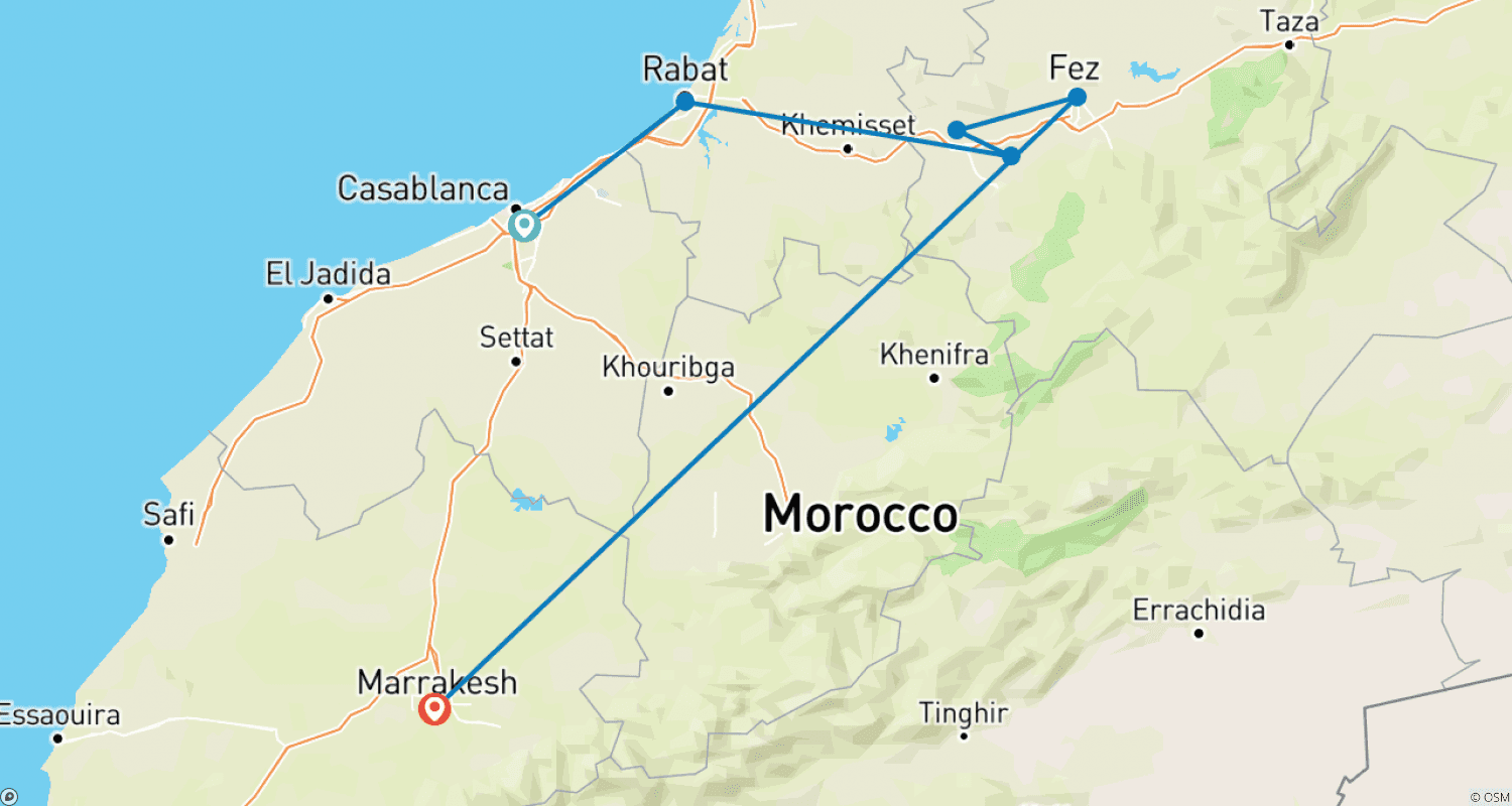 Mapa do percurso de De Casablanca a Marraquexe: 3 dias e 2 noites em Fez
