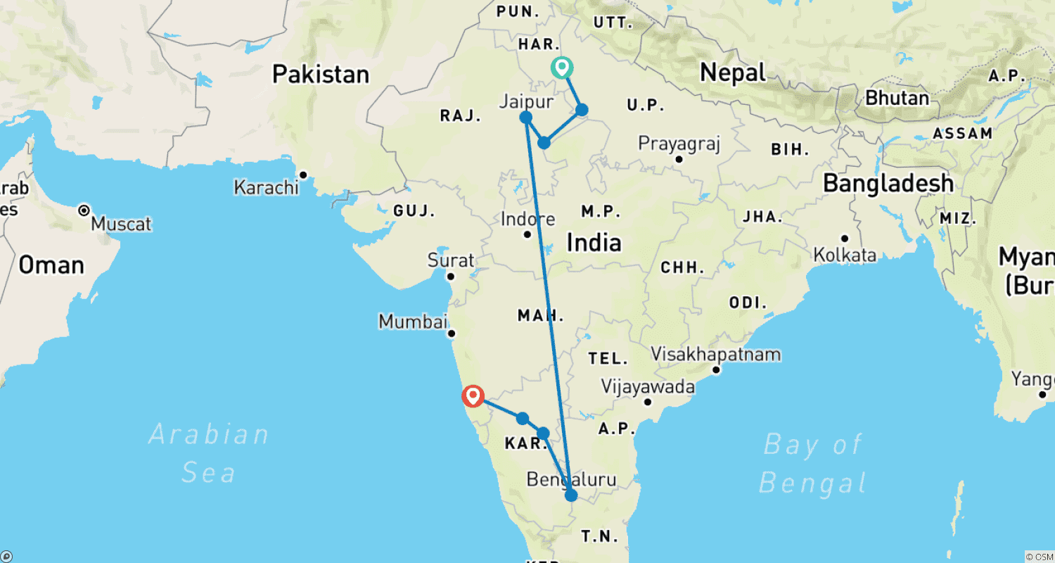 Mapa trasy: Karnataka i Złoty Trójkąt z Dziką Przyrodą