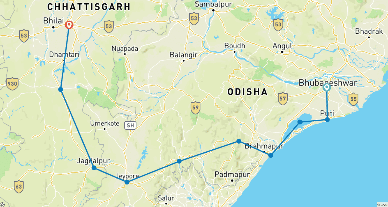 Mapa trasy: Szlaki Plemion: Odkrywanie Odishy i Chhattisgarh