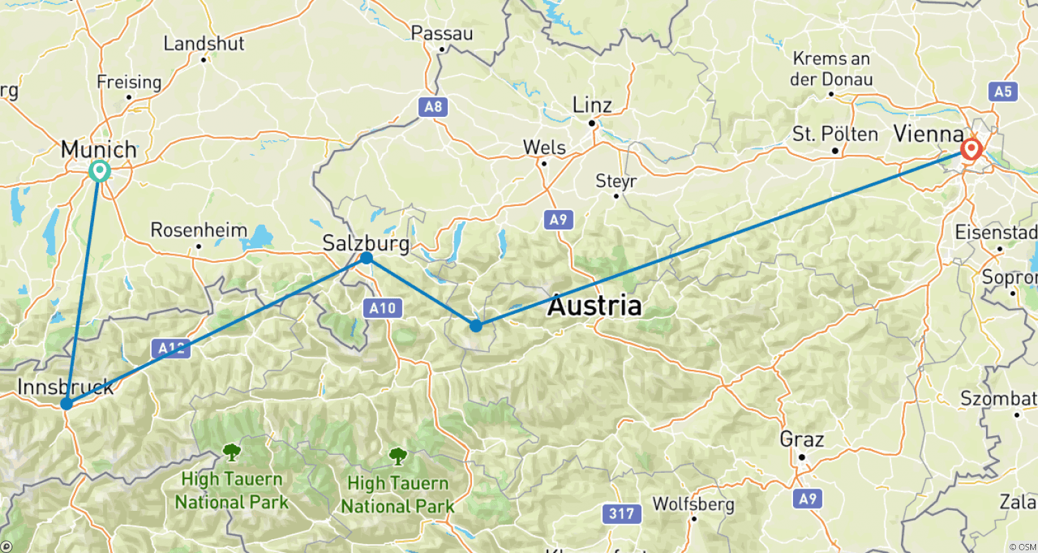 Mapa do percurso de Munique - Innsbruck - Salzburgo - Hallstatt - Viena