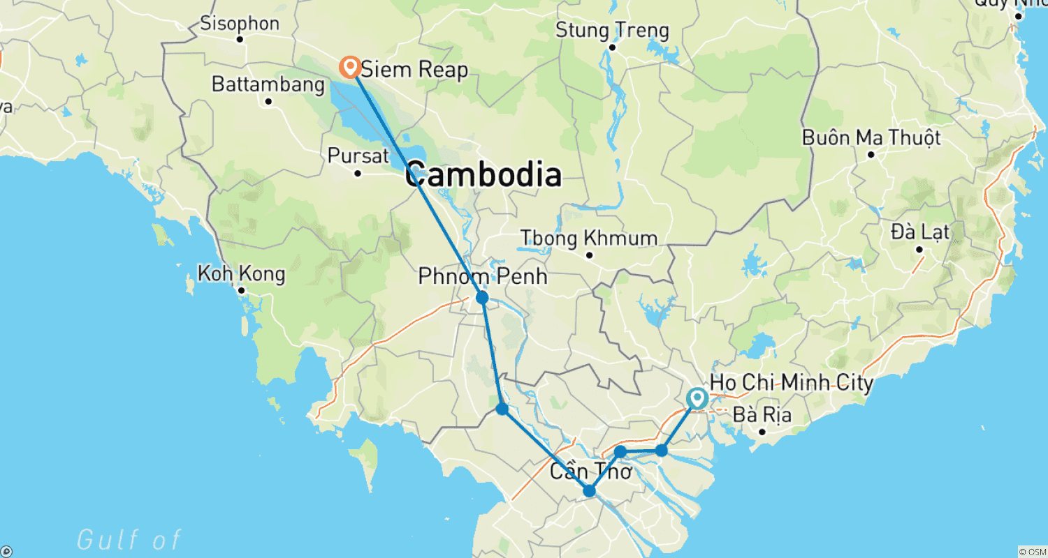 Mapa do percurso de Vietnã do Sul - Descoberta do Camboja 8 Dias 7 Noites (Barco rápido pelo Delta do Mekong para o Camboja)