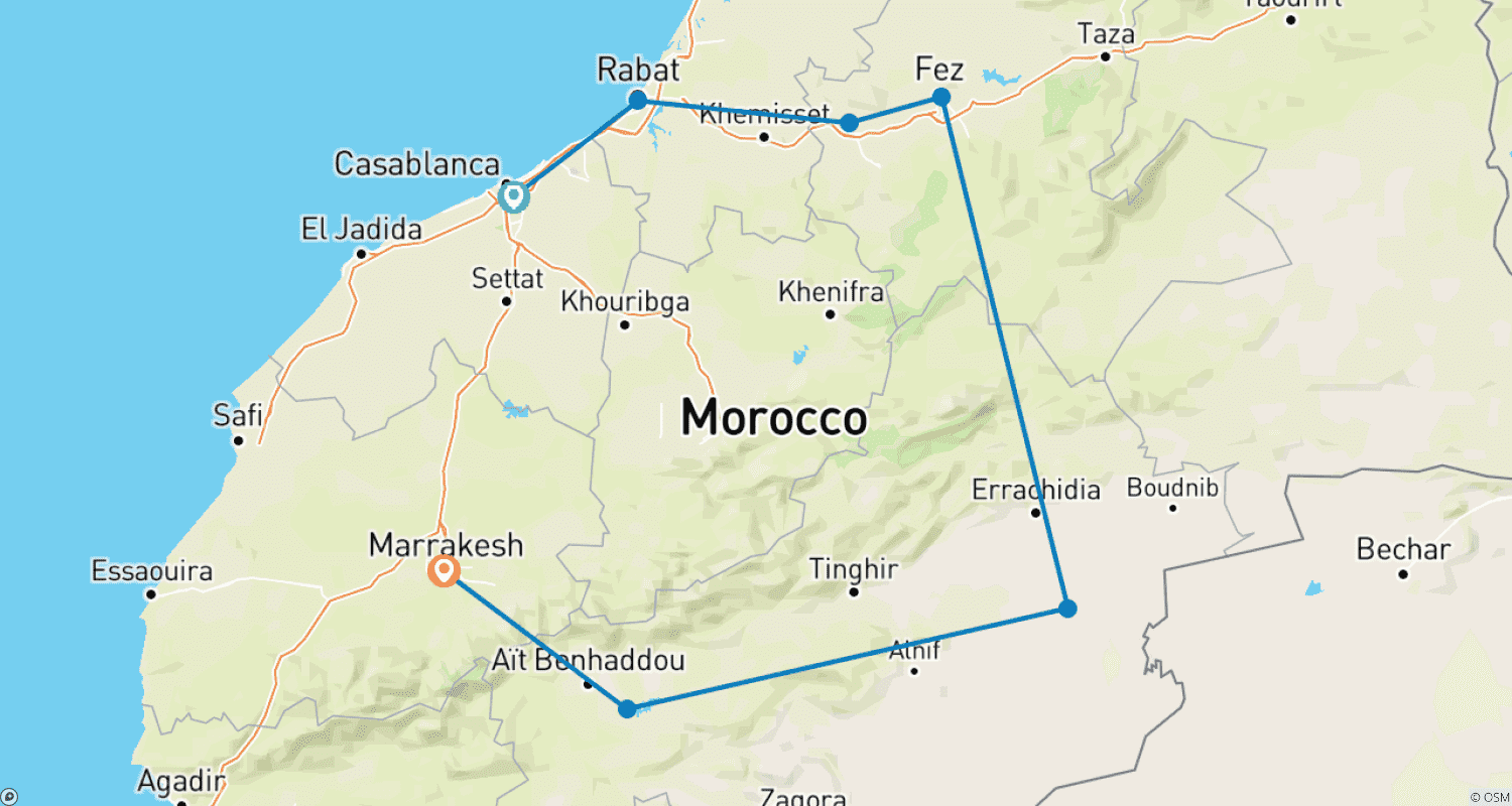 Mapa do percurso de Destaques de Marrocos em 9 Dias com Deserto do Saara (Tour Privado)